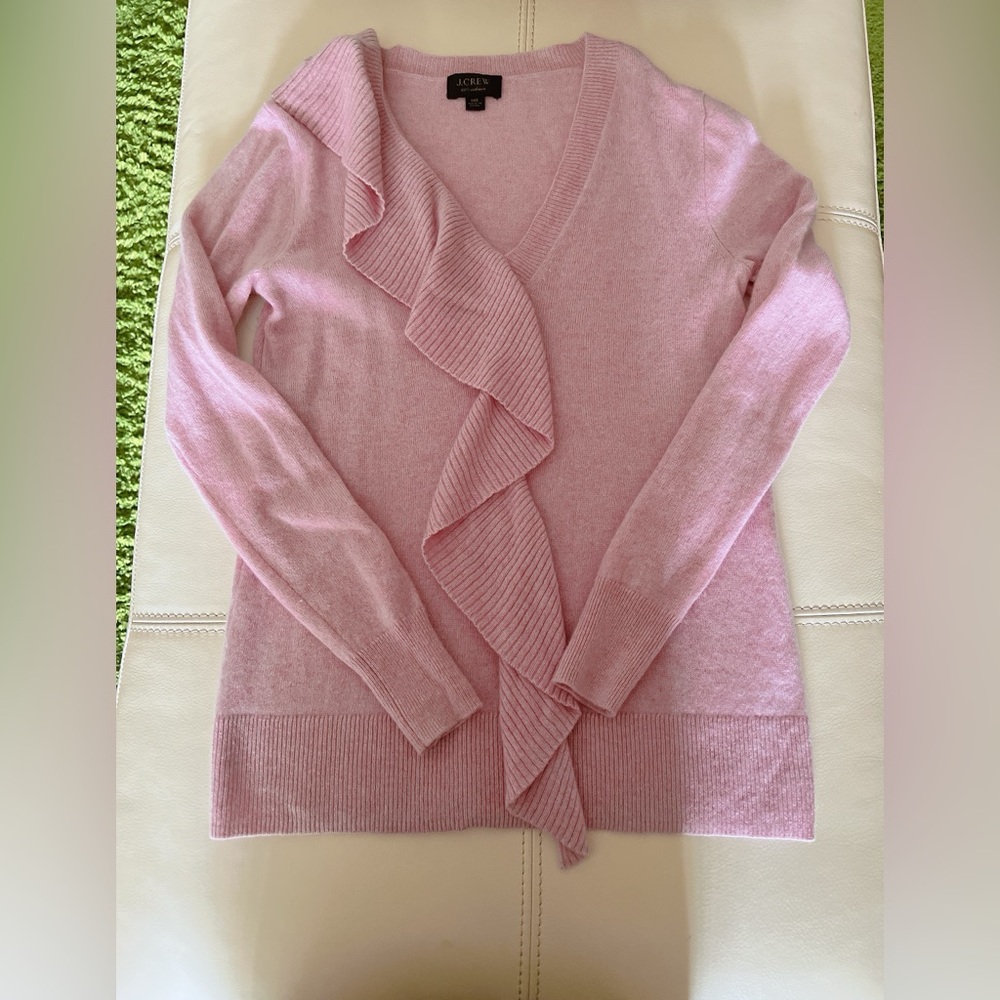 J.Crew Retail $138 | 100% Cashmere V-neck Sweater Ruffle Pink XXS